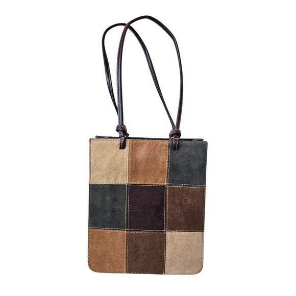90s Womens Shoulder Bag Purse Patchwork Ethereal‎ Brown Faux Leather Suede VTG - Picture 1 of 14